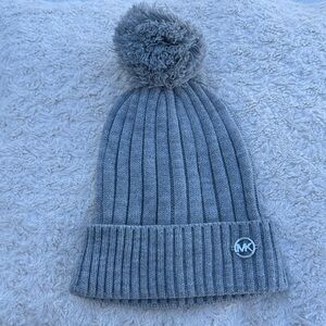 Michael Kors Gray Ribbed Pom Beanie with MK Logo